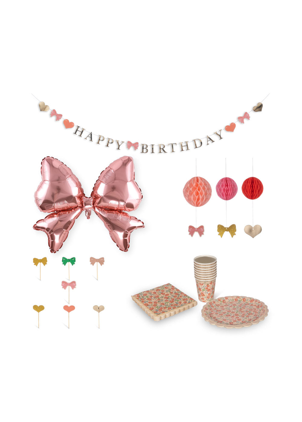 Konges Sløjd Happy Birthday kit - Bekers, ballon, slinger, servetten, taarttopper, pompon - Kaluka