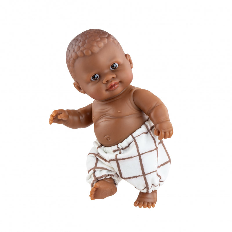 Paola Reina Puppegie Olmo Babypop Dark Boy with brown eyes - Checked pants (21 cm)