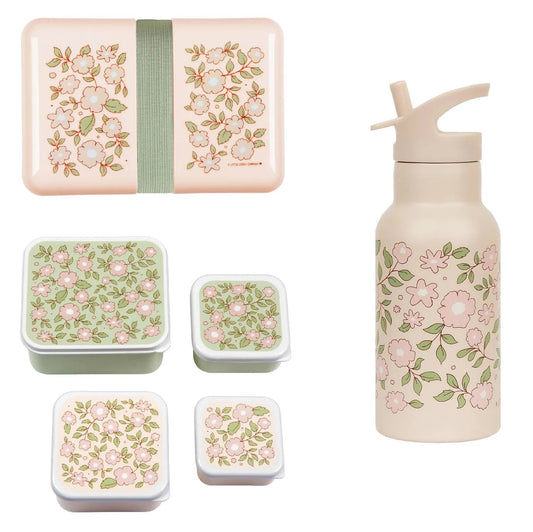 A Little Lovely Company Back to school set - Drinkfles / 4 Snackdozen / Lunchbox - Bloesems Roze