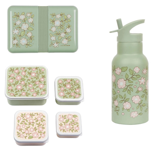 A Little Lovely Company Back to school set - Drinkfles RVS/4 Snackdozen/Lunchbox - Bloesems - Saliegroen