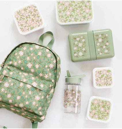 A Little Lovely Company Back to school set - Rugzak/Drinkfles/4 Snackdozen/Lunchbox - Bloesems Saliegroen