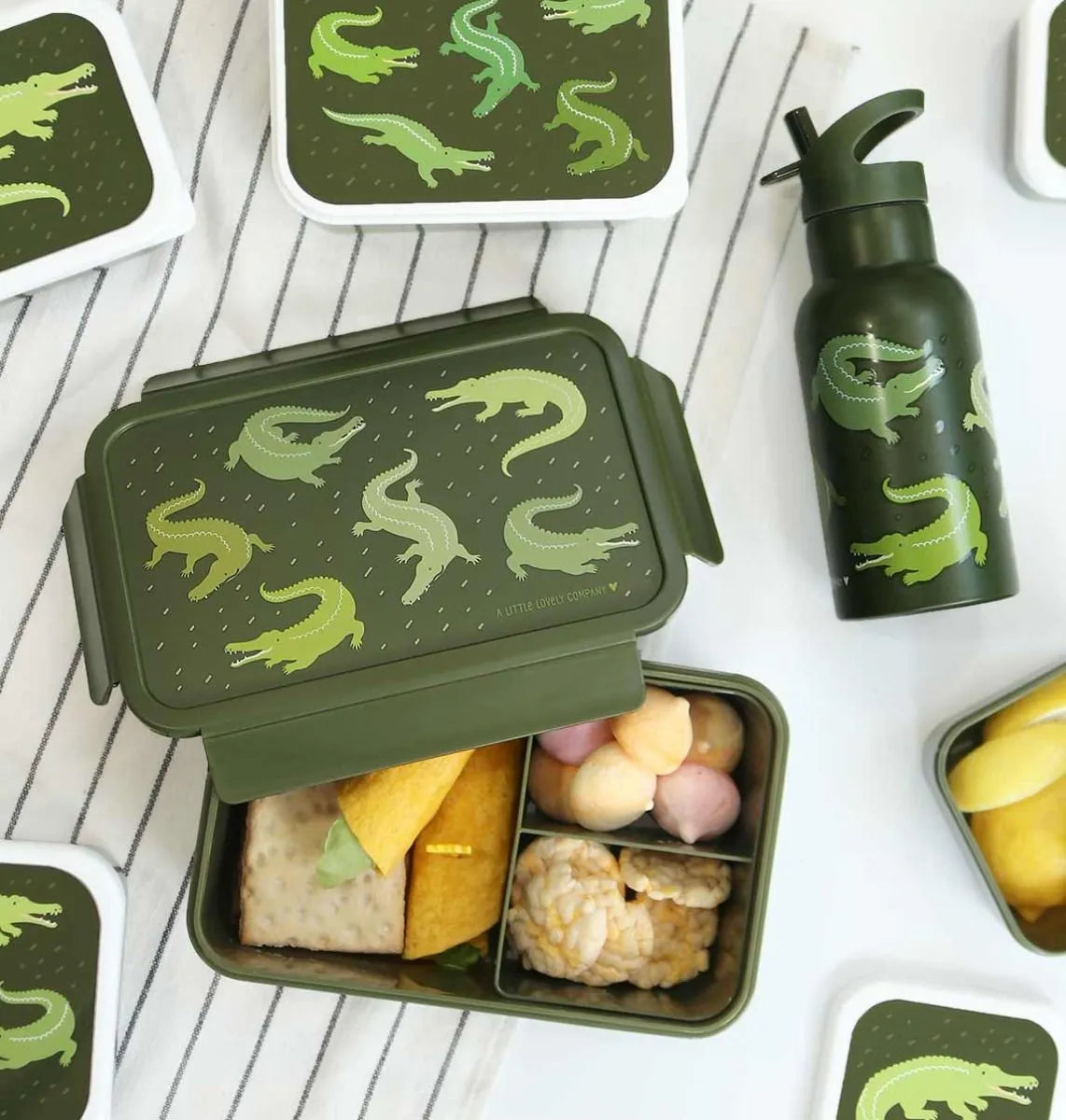 A Little Lovely Company Back to school set - Drinkfles RVS/4 Snackdozen/Bentobox - Krokodillen