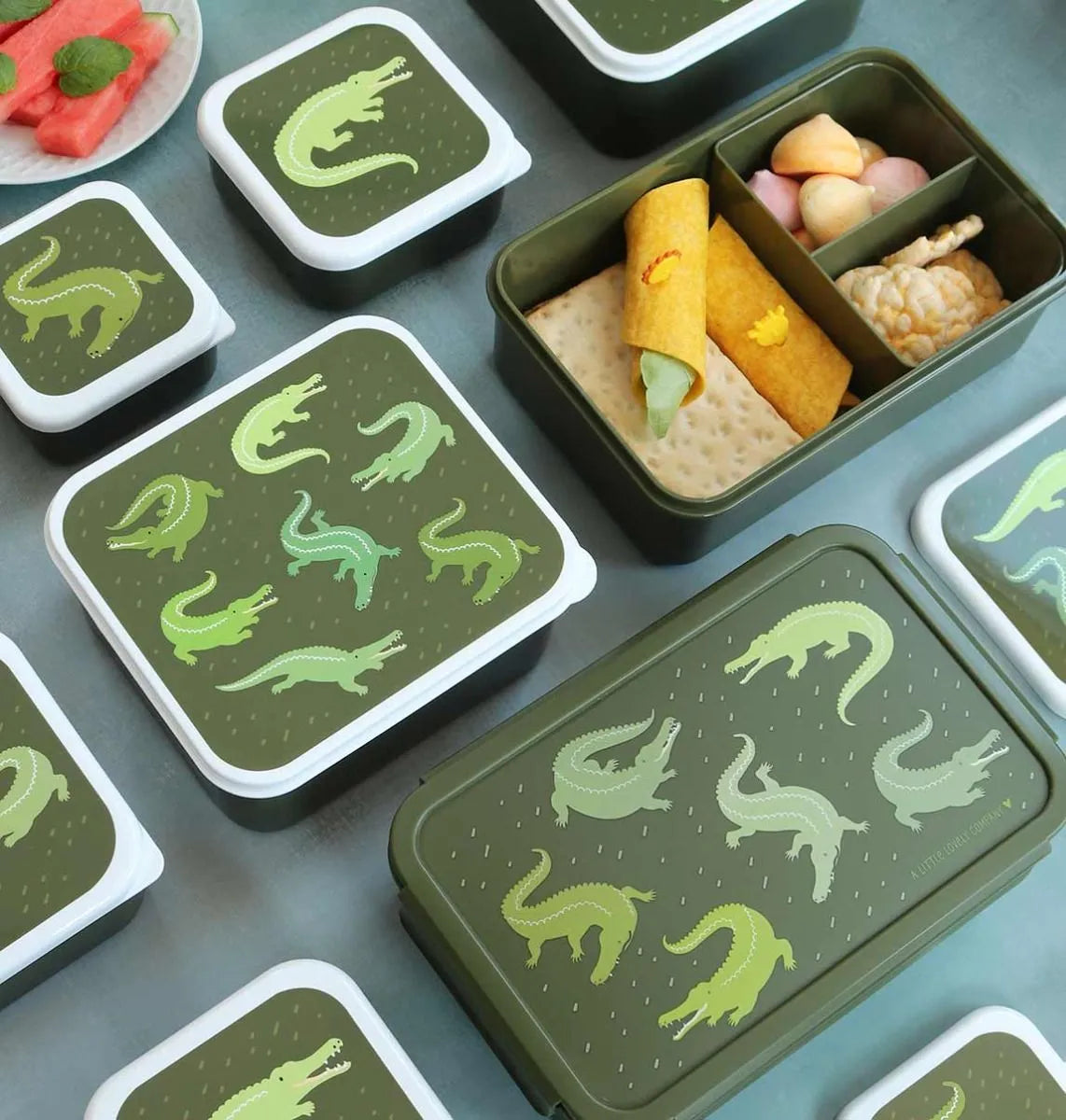 A Little Lovely Company Back to school set - Drinking bottle / 4 Snack boxes / Lunch box - Crocodiles