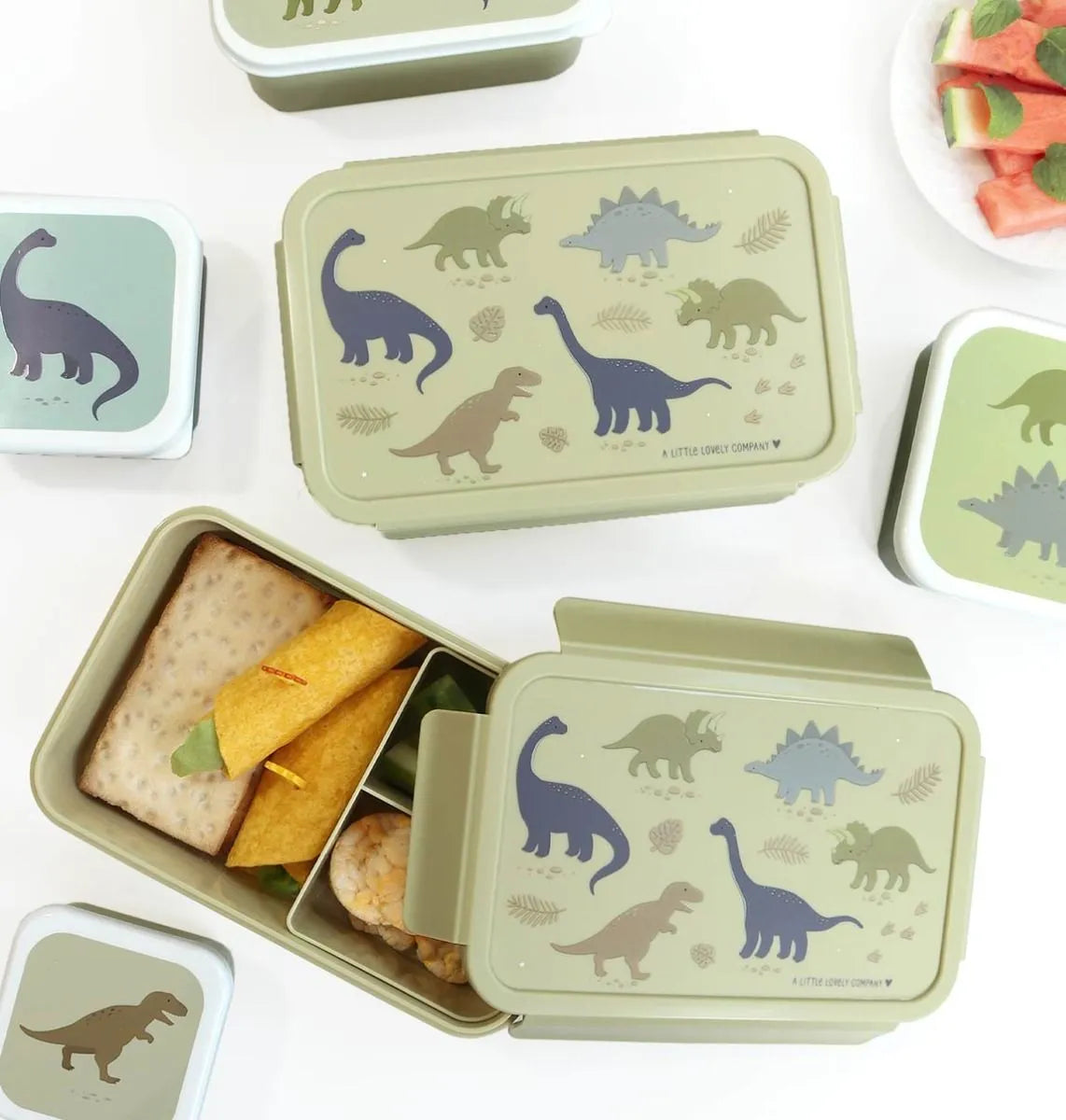 A Little Lovely Company Back to school set - Drinkfles RVS/4 Snackdozen/Bento box - Dinosaurussen