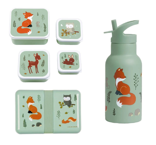 A Little Lovely Company Back to school set - Drinkfles RVS/4 Snackdozen/Lunchbox - Bosvriendjes