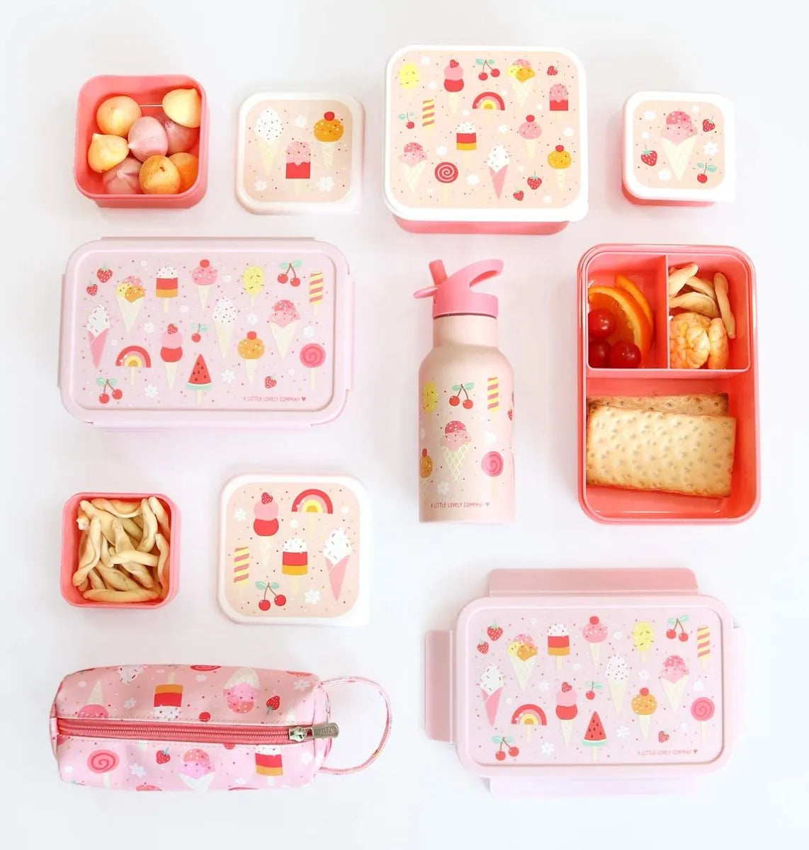 A Little Lovely Company Back to school set - Dubbelwandige Drinkfles / 4 Snackdozen / Lunchbox - Ijsjes