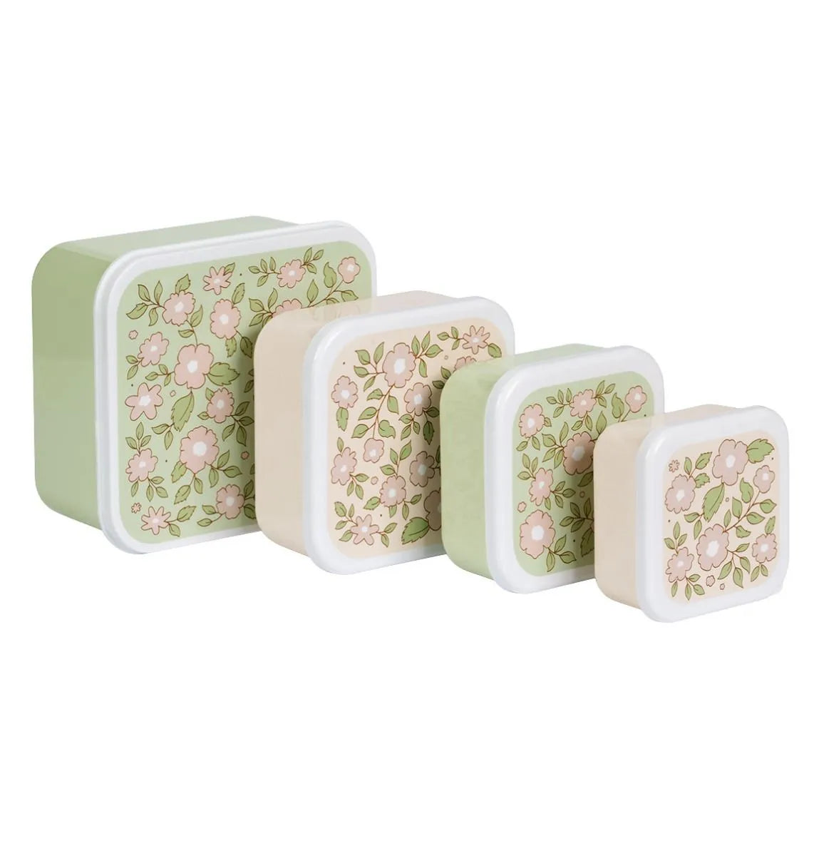 A Little Lovely Company Back to school set - Drinkfles RVS/4 Snackdozen/Lunchbox - Bloesems - Saliegroen