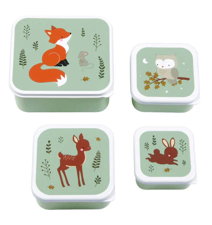 A Little Lovely Company Back to school set - Drinkfles/ 4 Snackdozen/Bentobox - Bosvriendjes - Saliegroen