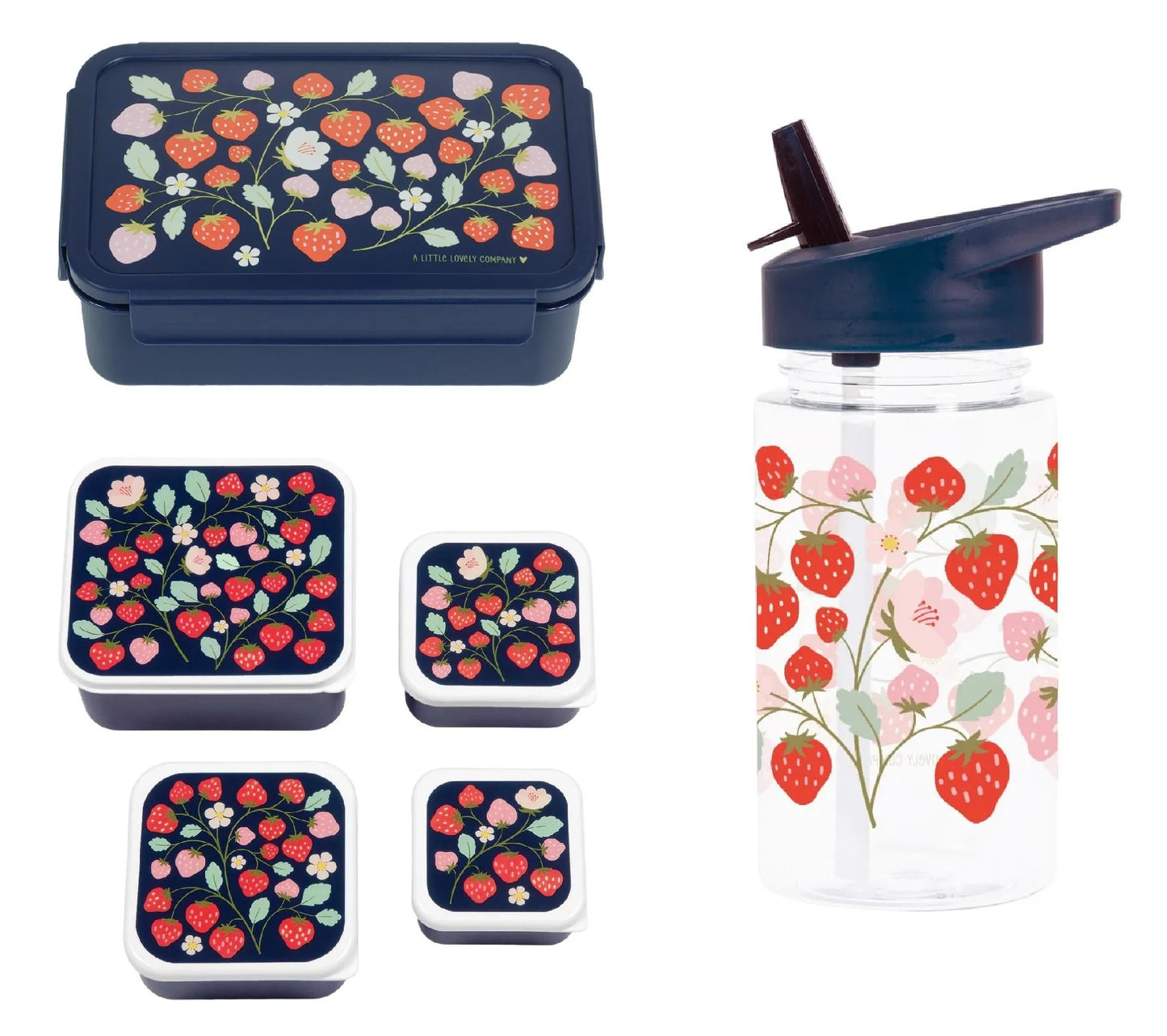 A Little Lovely Company Back to school set - Drinkfles / 4 Snackdozen / Lunchbox - Aardbeien