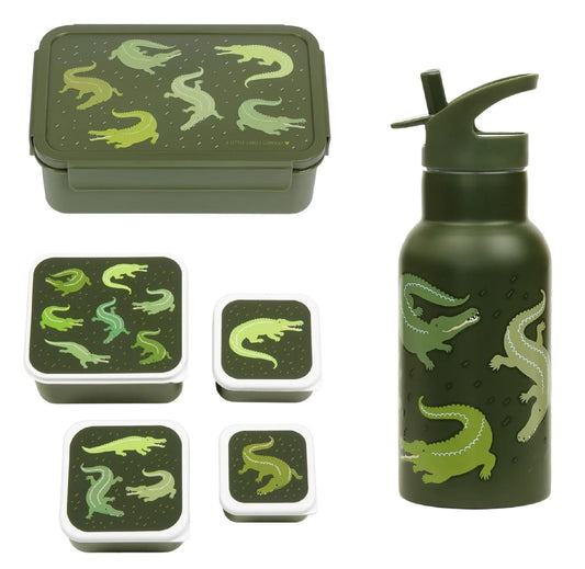 A Little Lovely Company Back to school set - Double-walled Drinking Bottle / 4 Snack Boxes / Lunch Box - Crocodiles