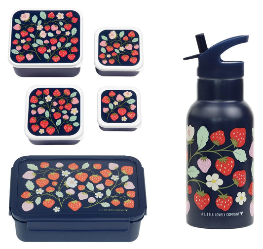 A Little Lovely Company Back to school set - Dubbelwandige Drinkfles / 4 Snackdozen / Lunchbox - Aardbeien