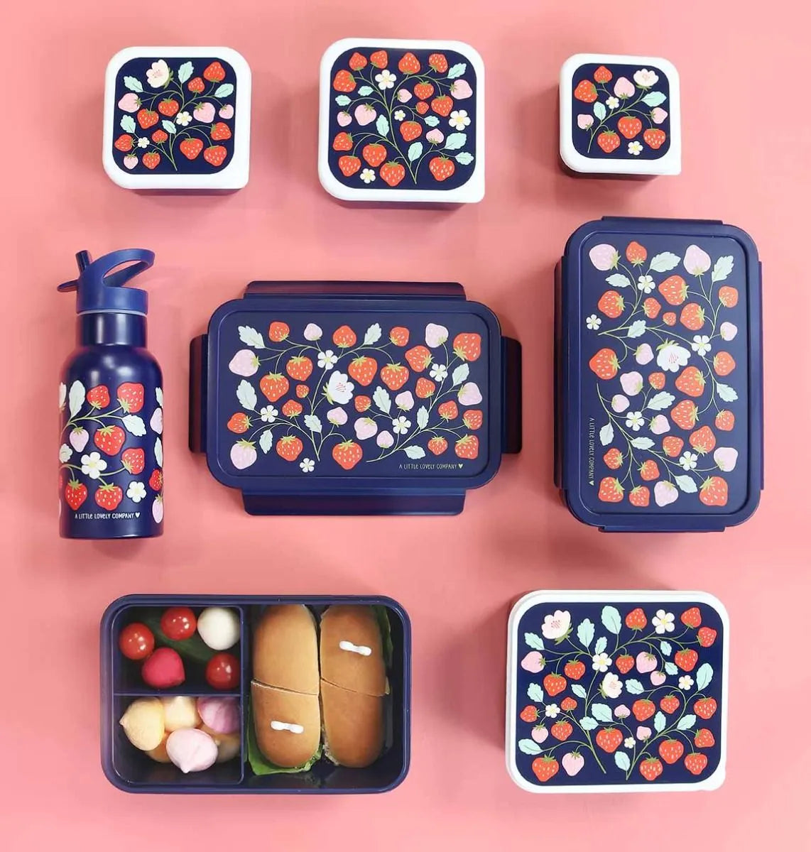 A Little Lovely Company Back to school set - Drinkfles / 4 Snackdozen / Lunchbox - Aardbeien