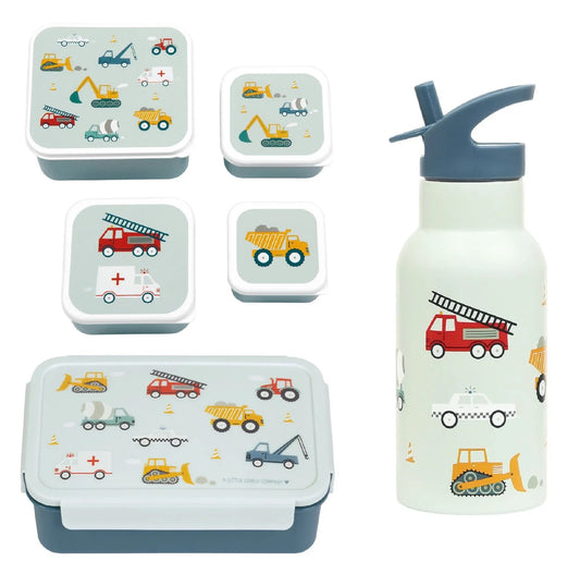 A Little Lovely Company Back to school set - Drinkfles RVS/4 Snackdozen/Bentobox - Voertuigen