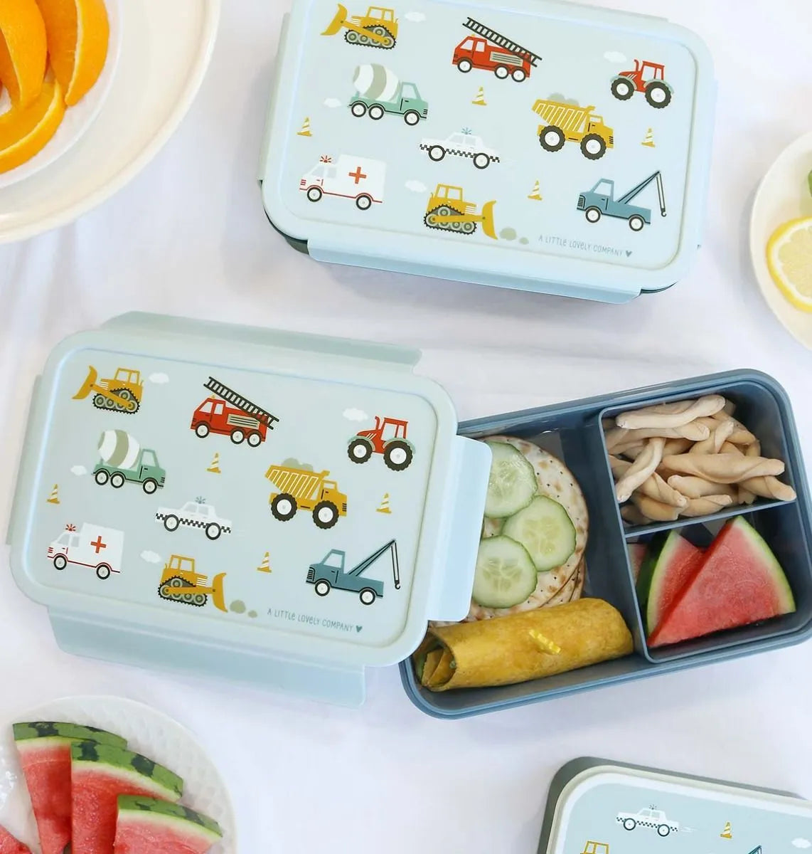 A Little Lovely Company Back to school set - Drinkfles RVS/4 Snackdozen/Bentobox - Voertuigen