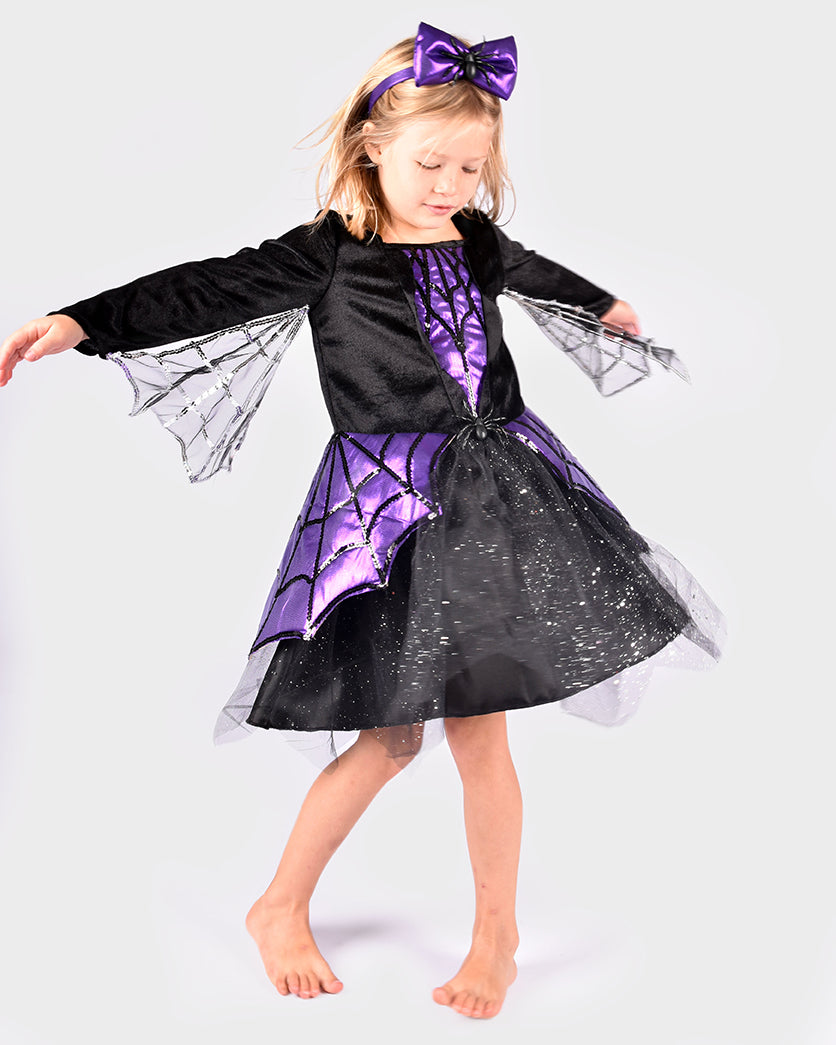 Den Goda Fen Dress-up clothes Spider - Dress and headband - 110-116cm - 4-6 years - Black/Purple