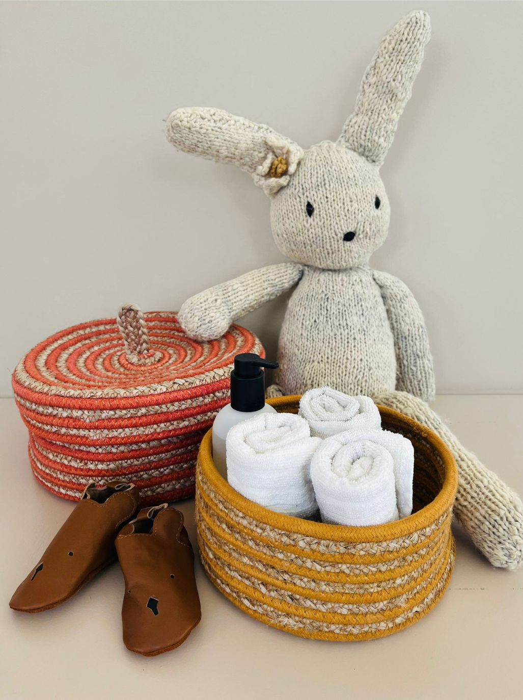 Tapis Petit Opbergmanden Juta - Set van 2 stuks - Ø22/25x10/12cm - Oker/Rood