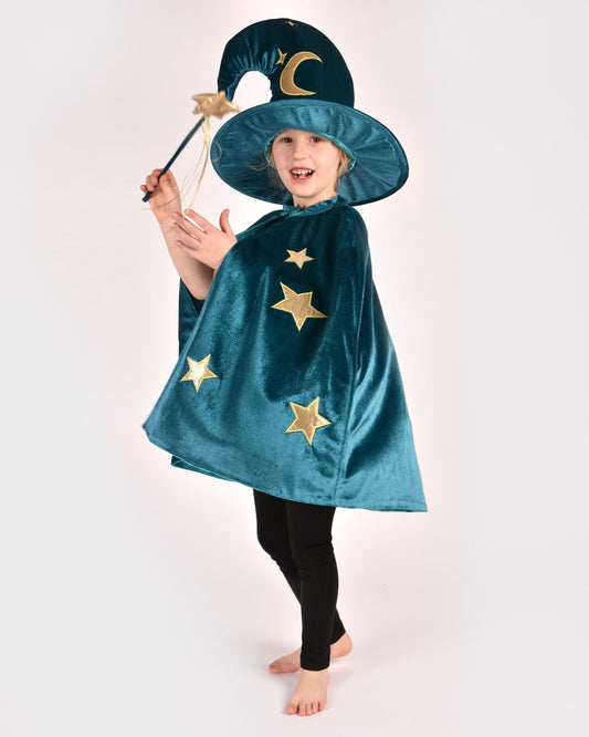 Den Goda Fen Magician Dress Up Clothing - Cape, chapeau et baguette - 3-8 ans - Bleu pétrole