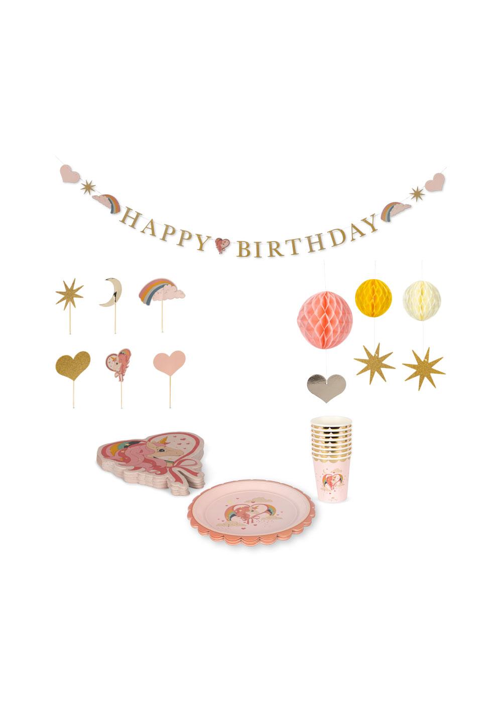 Konges Sløjd Happy Birthday kit - Bekers, ballon, slinger, servetten, taarttopper, pompon - Unicorn