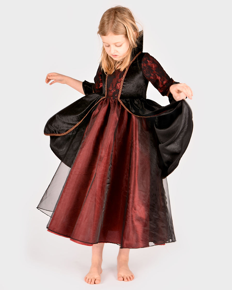 Den Goda Fen Verkleedkledij Vampier Koningin - Velvet, chiffon jurk - 110-116cm - 4-6 jaar - Rood/Zwart