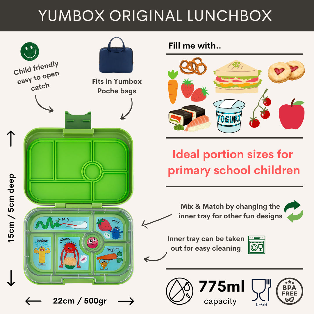 Yumbox Original Bentobox 6 vakken - 22x15x5cm - Surf Blue/Funny Monsters Tray