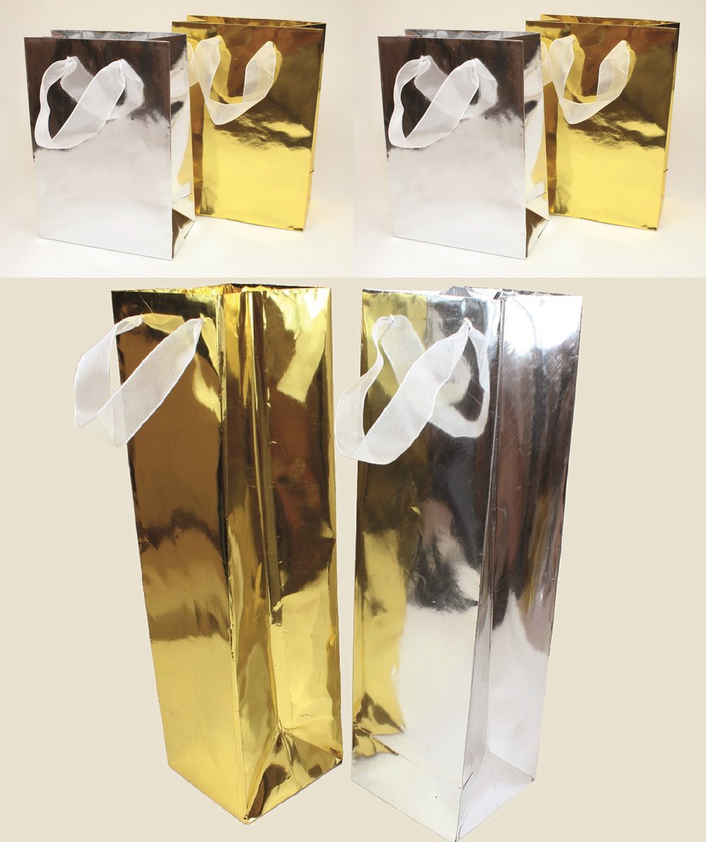 Cadeauzakje metallic 6 stuks - Inpakzakje kerstmis - set van 6 - Geschenktasje - Goud en zilver