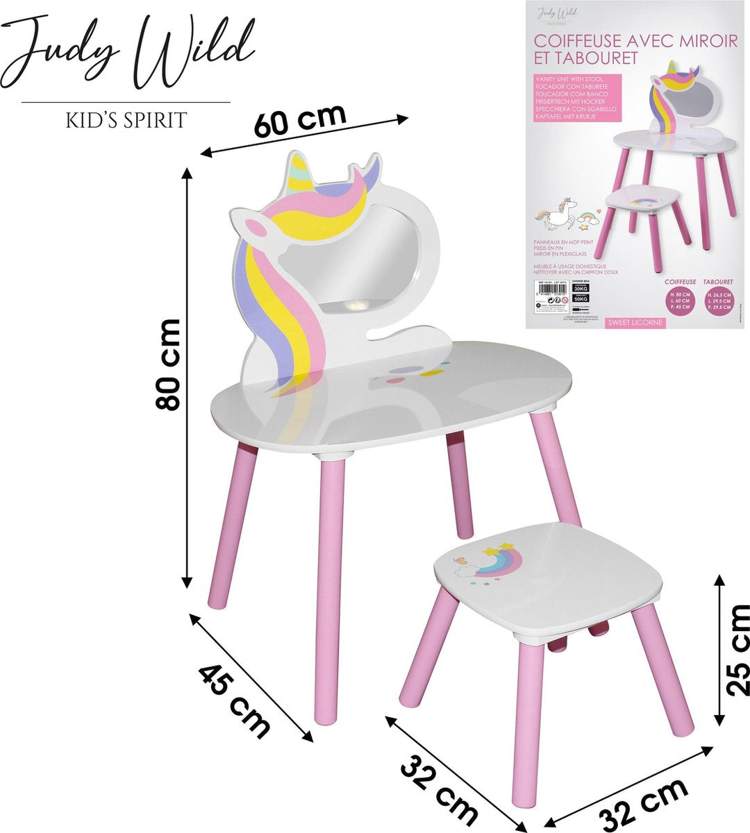 Fornord Dressing Table With Chair - Table 60x45xH80cm | Stool 30x30xH27cm - Unicorn