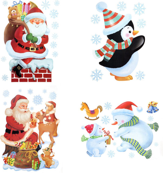 Set of 4 glitter window stickers Christmas - Window decoration - Stickers - Santa Claus - Snowman - Penguin - 29.5 x 40 cm