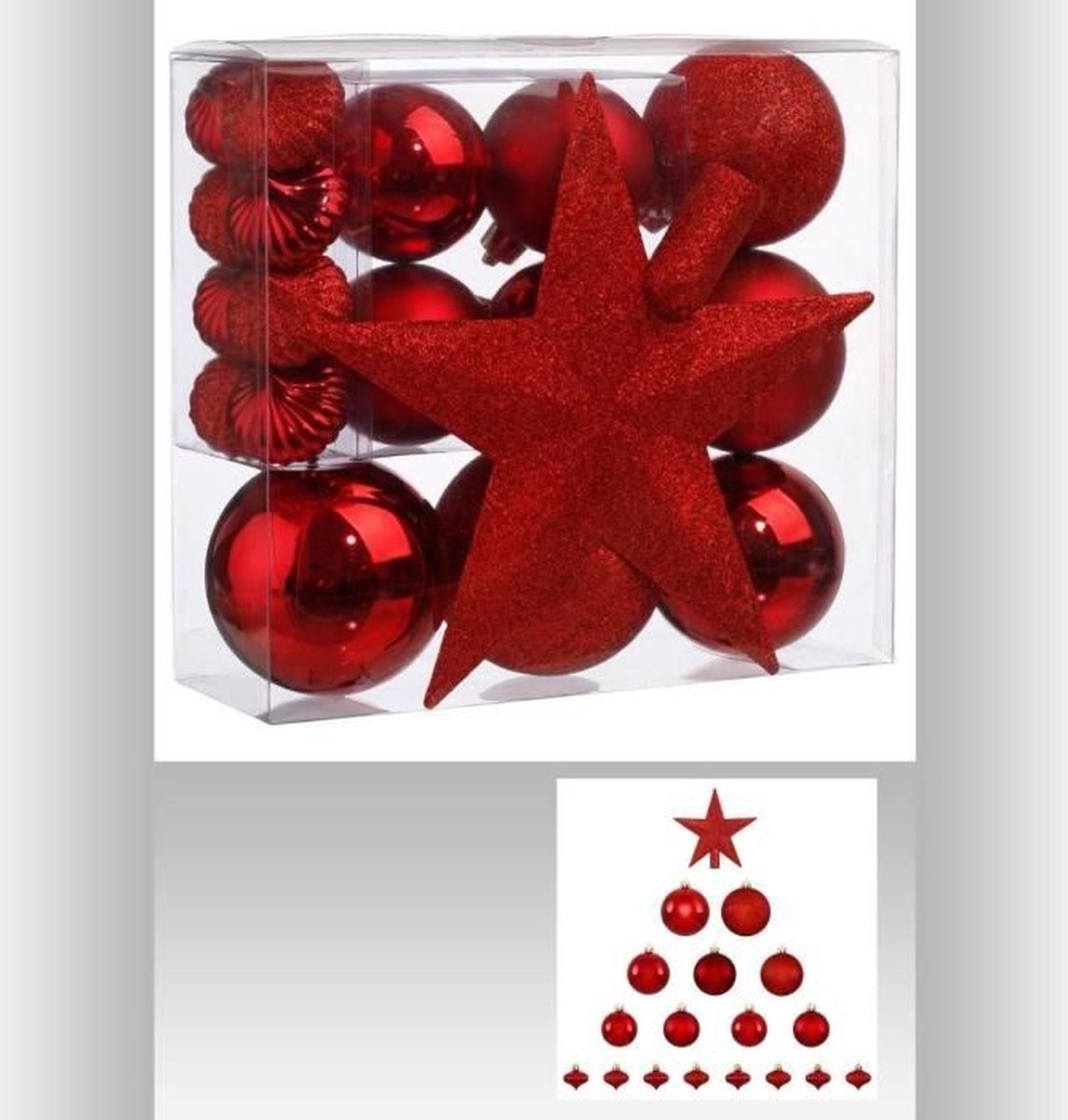 Kerstballenset 18 delig met kerstster rood - 18 stuks - Kerstbal - Kerstster - Kerstversiering - Roodkleurig