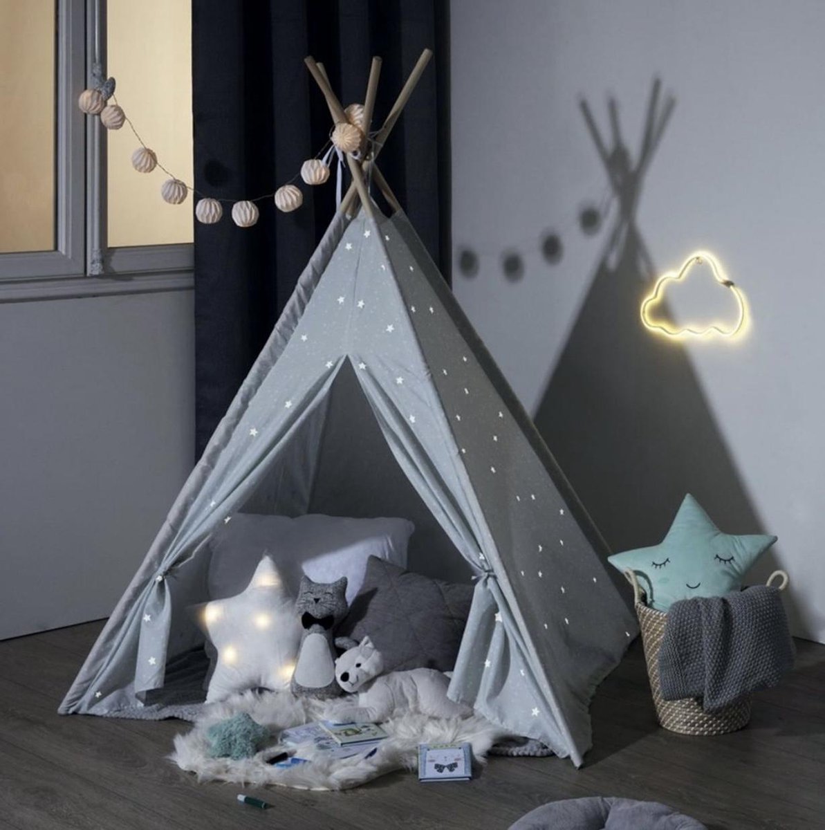 Atmosphera Kids Tipi tipi wigwam - blue with gray and silver stars - Play tent - Height 160 cm - Cotton