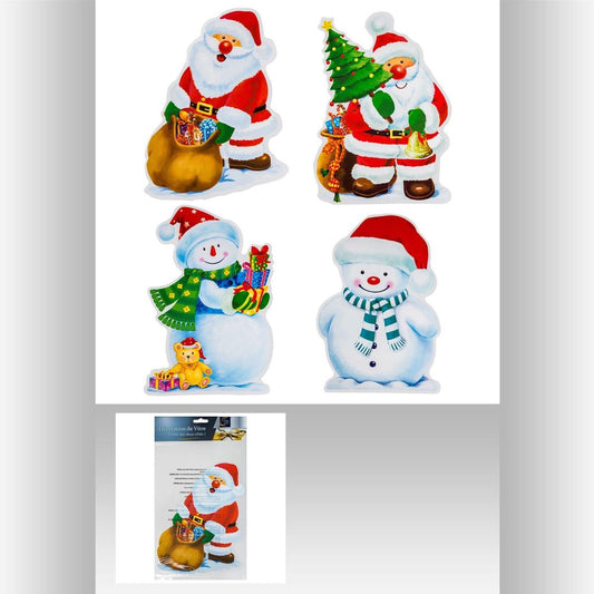 Lot de 4 stickers fenêtre Noël - Déco fenêtre - Stickers - Père Noël - Bonhomme de neige - 17 x 24 cm