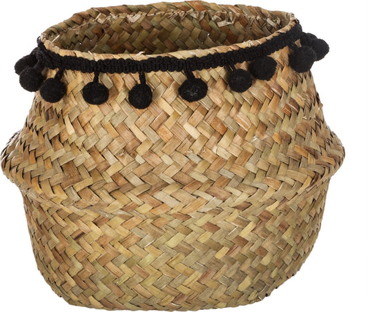 Atmosphera Rieten opbergmand zwart pom pom - Bloempot - Zeegras - D 16 cm