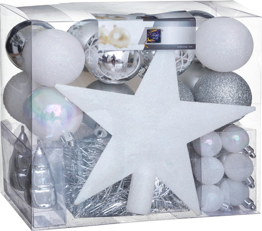 Christmas ball set 44 pieces with Christmas star - 44 pieces - Christmas ball - Christmas star - Christmas decorations - Silver and white