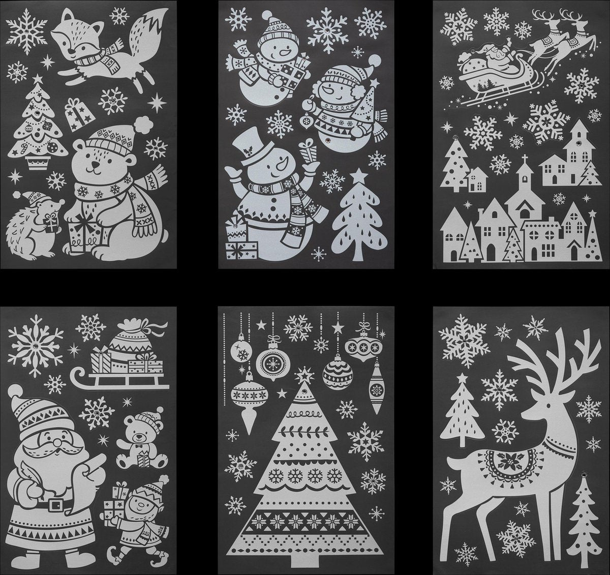 Kerst stickers Set van 4 raamstickers glitter - 4 Vellen - Kerstman - Sneeuwpop - 32 x 50 cm - Raamdecoratie - Stickers