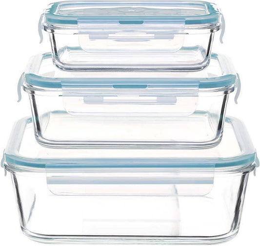 Fresh food containers set 3 pieces glass square with clip lids - Microwave - Freezer box - Oven safe