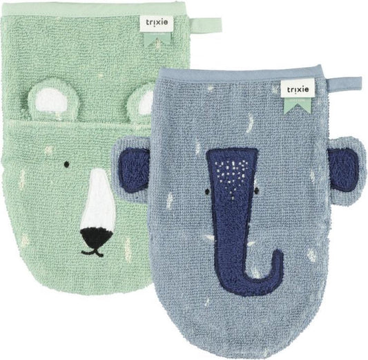 Trixie - Pack 2 washandjes 14x22 cm Mr. Polar Bear/Mrs. Elephant