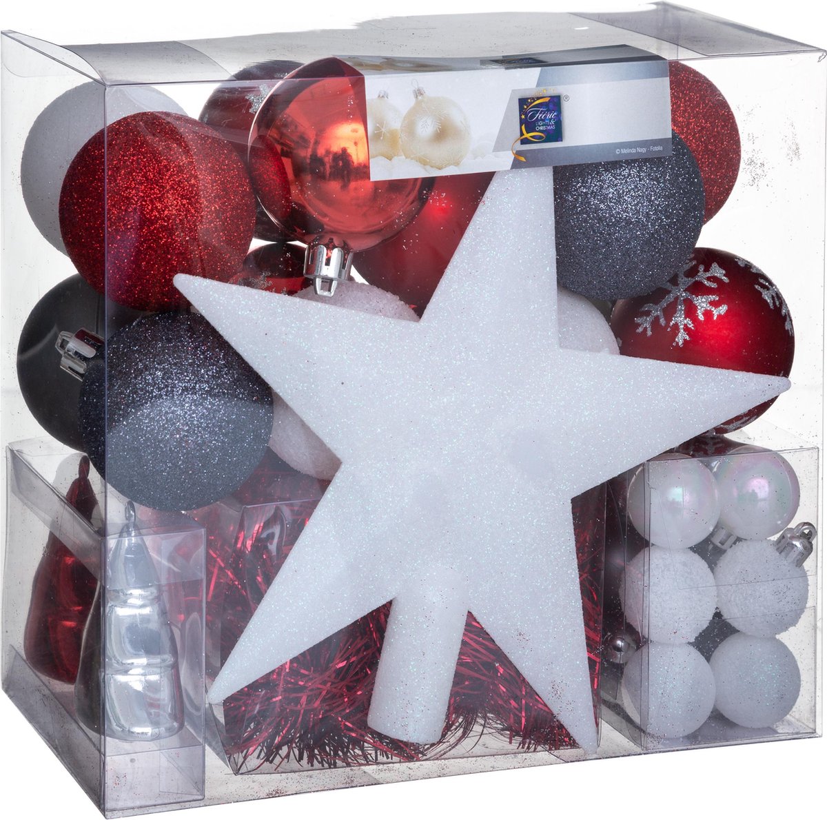 Kerstballenset 44 delig met kerstster - 44 stuks - Kerstbal - Kerstster - Kerstversiering - Grijs wit en rood