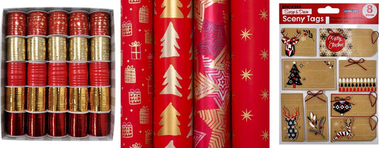 Luxury Christmas wrapping set Classic X-mas - 4 Luxury rolls 150 x 70 cm - 4 ribbons Gift wrapping paper - 2 Gift tags 2 x 8 pieces