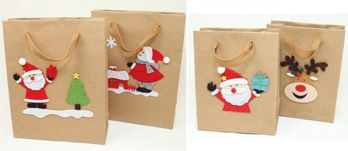 Cadeauzakje Kerst 4 stuks kraft - Inpakzakje kerstmis - Kerstman - Sneeuwpop - set van 4 - Geschenktasje