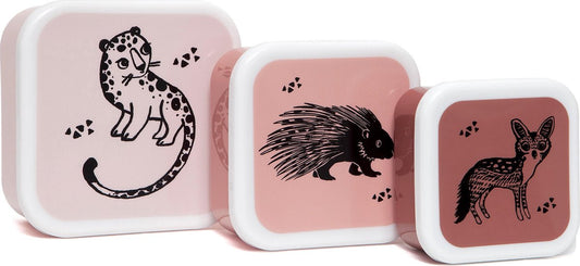 Petit Monkey black animal lunch box set - 3 cookie boxes - Bread box - Animals Pink - Snack boxes