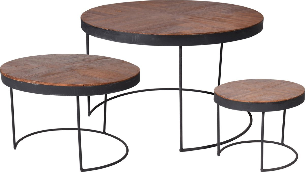 Home &amp; Styling 3-piece side table set - teak wood table - mosaic design