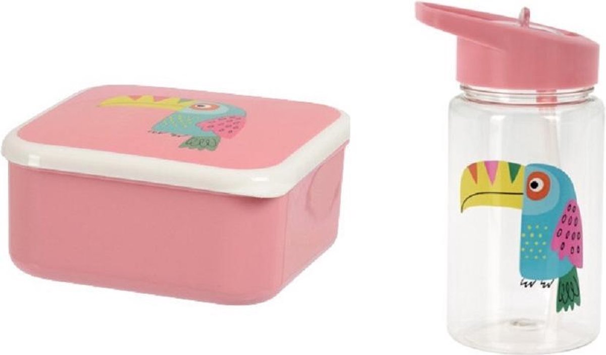 Happy Set Lunch Toucan bread bin + drinking bottle pink - Bread box - Lunch box - Drinking bottle