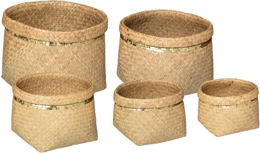 Atmosphera Wicker basket set - flower pot - Natural and gold - Set of 5 - Storage - Seagrass