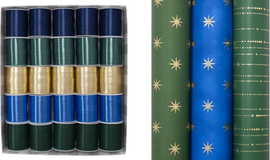 Luxury Christmas wrapping set Elegant Evening - 3 Luxury rolls 150 x 70 cm - 3 ribbons Gift wrapping paper