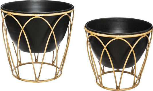 Atmosphera Flowerpot bambou lot de 2 - Imitation métal noir - Jardinière - Pots de luxe - Bain de fleurs - 2