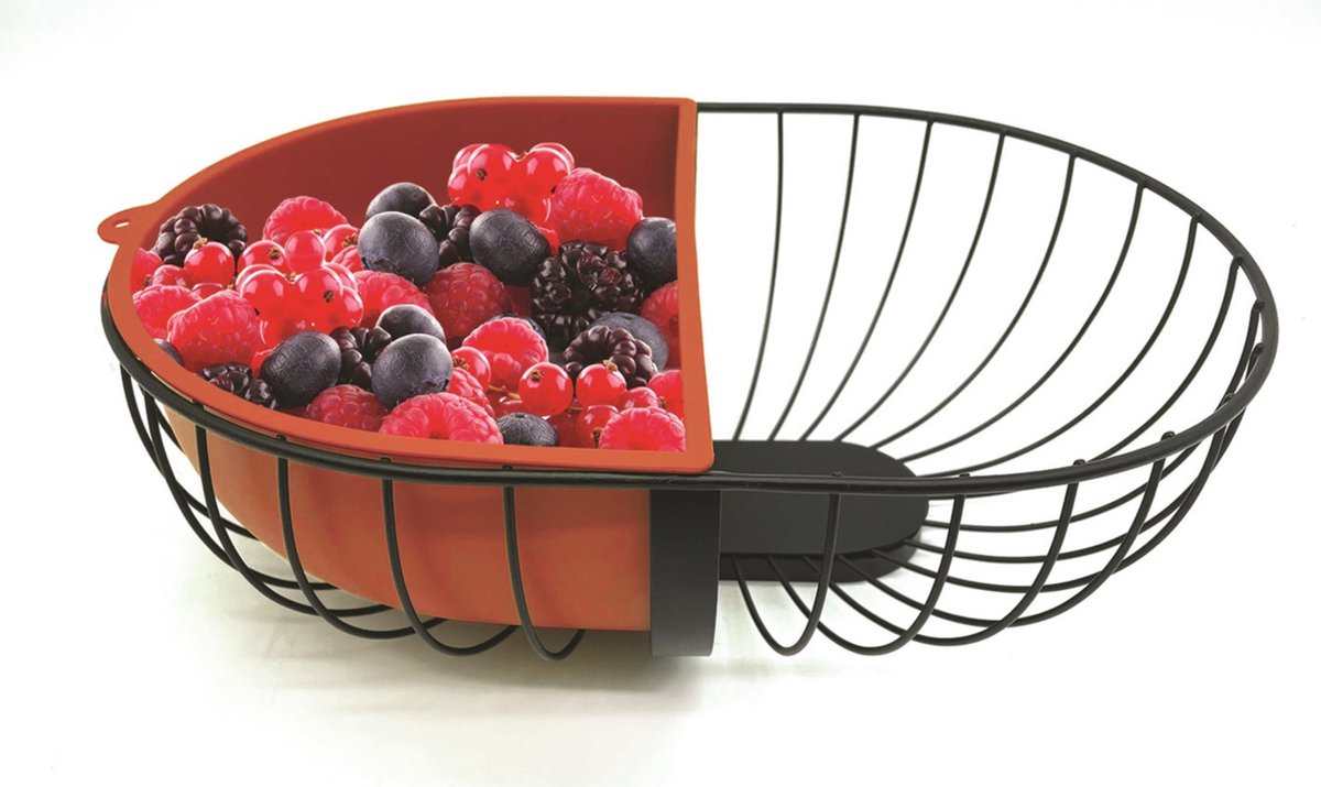 Fruitschaal/fruitmand metaal met inzetbakje zwart/rood 30 x 20 cm - Fruitschalen/fruitmanden - Draadmand van metaal