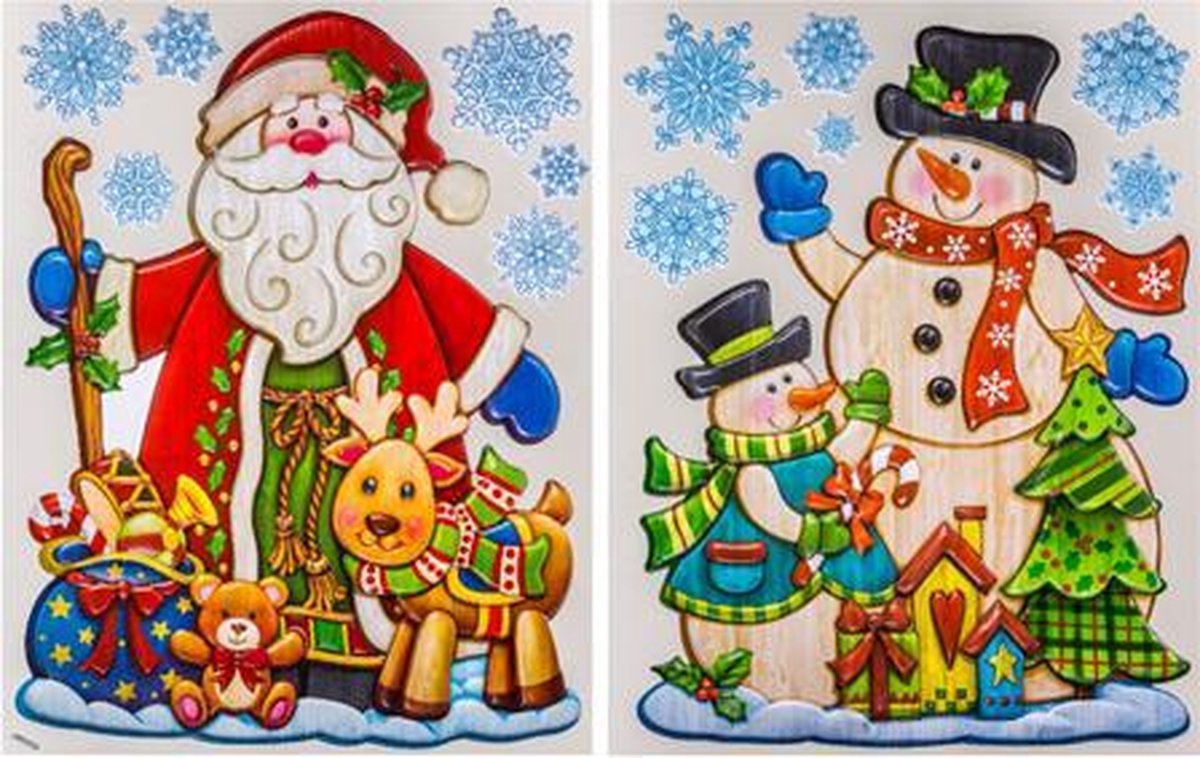 Kerst stickers Set van 2 raamstickers met houteffect  -  Kerstman - Sneeuwpop - 27 x 35 cm - Raamdecoratie - Stickers