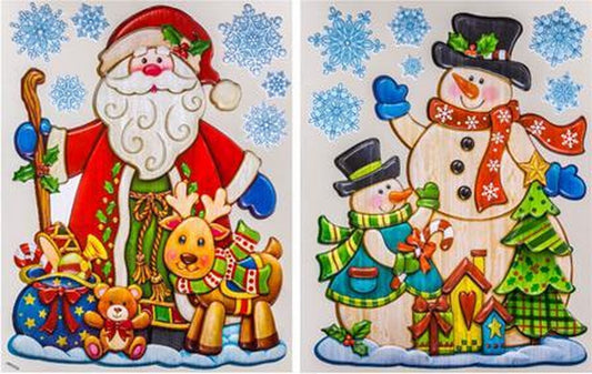 Kerst stickers Set van 2 raamstickers met houteffect - Kerstman - Sneeuwpop - 27 x 35 cm - Raamdecoratie - Stickers