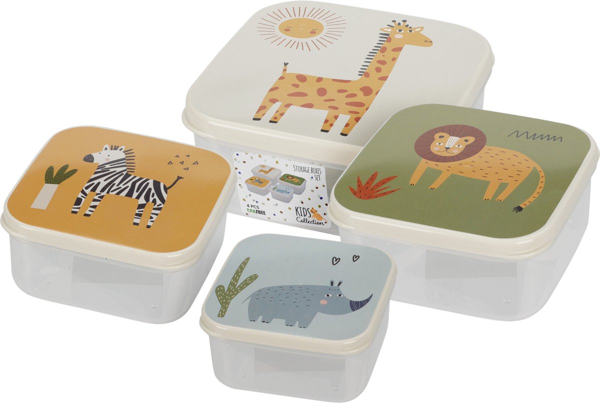 Snackdozen Safari - Koekendoosjes - Set van 4 - Zebra / Giraf / Leeuw / Neushoord