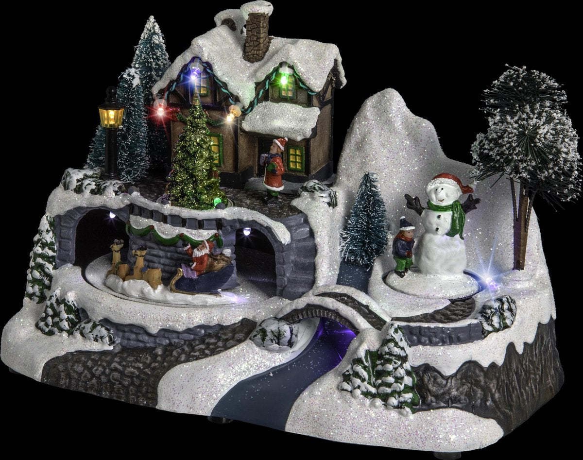Kerstdorp - Kersthuisje met verlichting - Kerstslee - Sneeuwman - LED