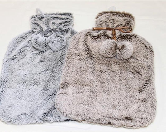 Hot water bottle set of 2 with faux fur cover terra brown and gray 2 liters - hot water bottle - With pom pom - Gift Tip!!